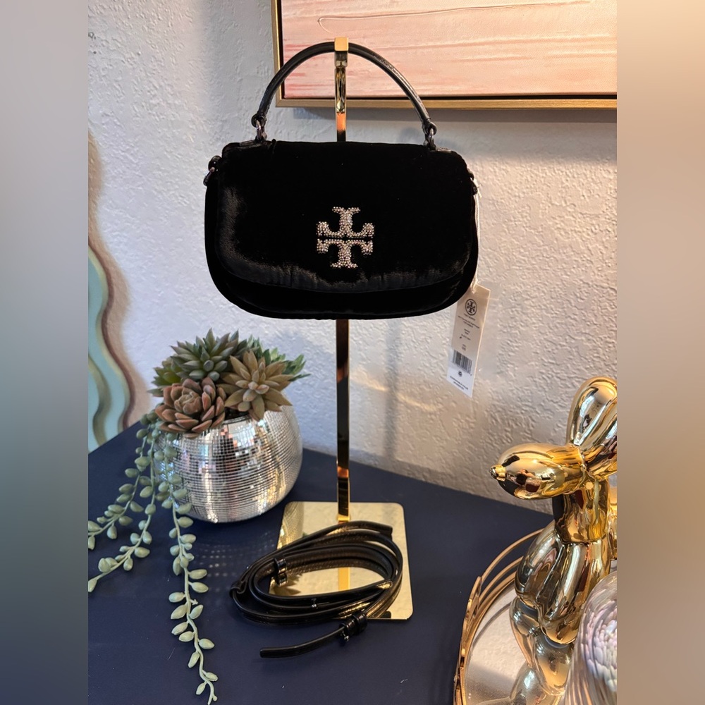 NWT ✨Tory Burch Black Velvet Handbag with Embellished Logo